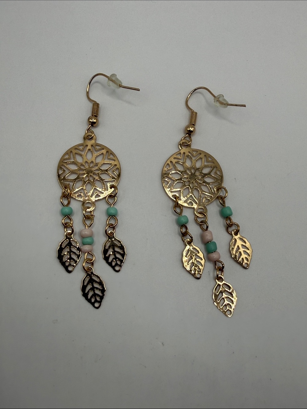 Vintage Gold Tone Green Beaded Filigree Dangle Drop Statement Earrings
